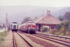Zugkreuzung im Bf Dahn, 1980. In Gleis 1 ist soeben der Bundenthaler mit BR 218 eingefahren. Die V 100 in Gleis 2 muss deshalb warten (Slg. Günter Hünerfauth, Landau)